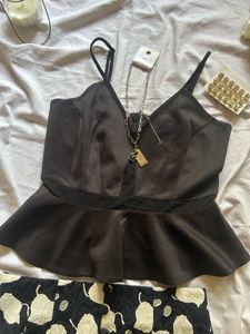 Chic Black Peplum Top &amp; Printed Skirt Set