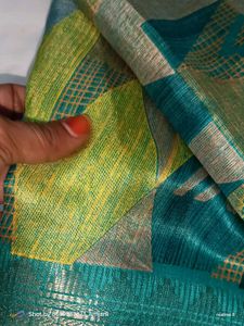 Beautiful Teal &amp; Yellow Geometric Print Saree