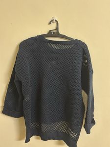 Navy Blue Mesh Knit Sweater