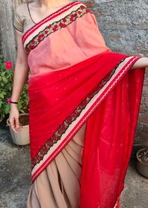 🎊🧿Diwali special Elegant Red &amp; Beige Saree