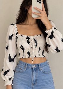 White & Black Printed Puff Sleeve Crop Top