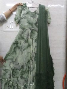 Green Marble Print Dress with Dupatta