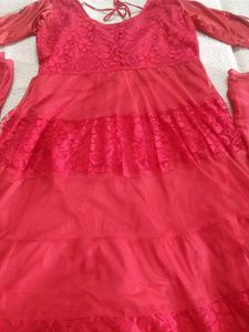 Tomato Red Net Anarkali Party Wear Gorgeous Suit (With Bottom+ Duppta)