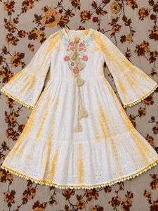 Elegant White &amp; Yellow Embroidered Dress