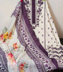 Elegant White & Purple Floral Dress Material