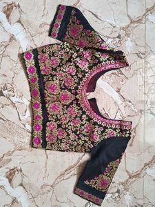 Black Brocade Blouse with Pink Embroidery