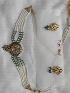 Pearl &amp; Green Stone Jewellery Set