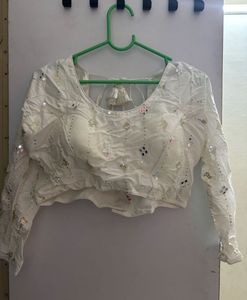 Elegant White Blouse with Mirror Work