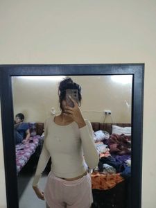 Ribbed Long Sleeve Cream Cropped Top