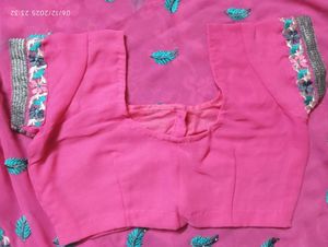 Beautiful Pink Saree with Leaf Embroidery