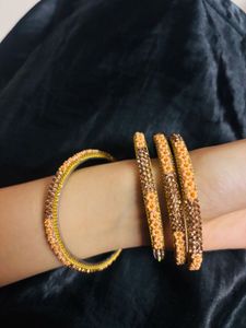 Peach Floral & Crystal Studded Bangle Set
