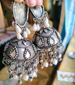 Elegant Oxidized Jumbo Size Pearl Jhumkas