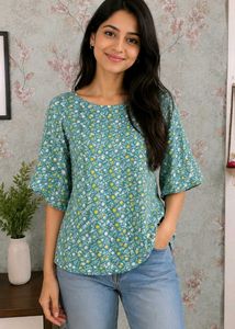 Green Floral Bell Sleeve Top