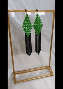 Green Beaded Drop Earrings with Black Chains