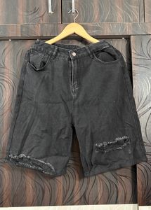 Distressed Black Denim Bermuda Shorts