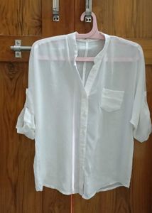 Sheer White Roll-Up Sleeve Button-Down Shirt