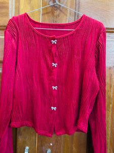 Chic Red Pleated Button-Up Top