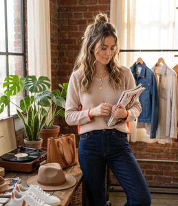 Cozy Knit Sweater with Orange Accents