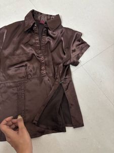 Chic Brown Satin Collared Top
