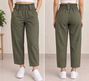 Stylish Olive Green Paperbag Waist Pants