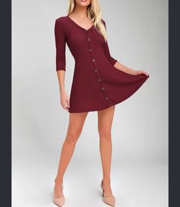 Ribbed Maroon Button-Up Dress