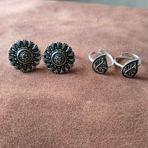 Oxidized Silver Jhumka and Ring Set