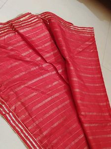 Elegant Red Saree with Gold Stripes