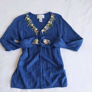 Blue Cardigan with Floral Embroidery&amp; Embel