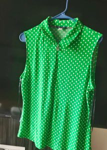 Green Polka Dot Sleeveless Zip Top
