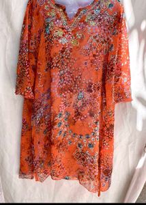 sheer Vibrant Embroidered Orange Kurta