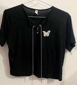 Black Butterfly Lace-Up Crop Top