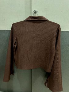 Brown Ribbed Collared Button-Up Top