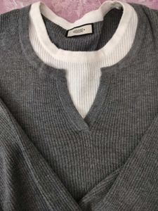 Gray Knit Sweater with White Detail