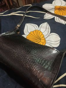 Black Croc Embossed Bag with Gold Accent