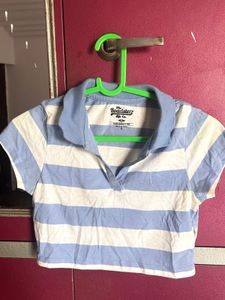 Blue &amp; White Striped Crop Polo Top