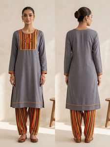 Elegant Grey Kurta Set with Vibrant Stripes