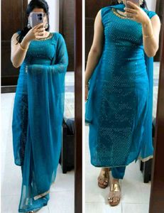 Teal Sequined Georgette Kurta Set with Dupatta