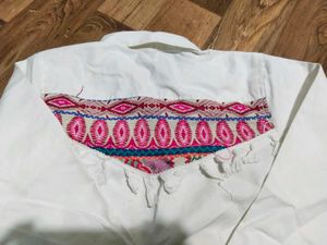 White Denim Jacket with Embroidered Detail