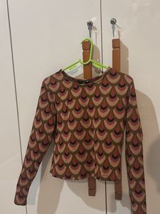 Printed Brown Olive Green Crew Neck Top