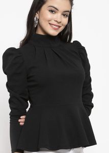 Chic Black Puff Sleeve Turtleneck Top