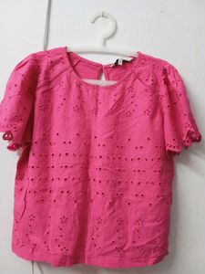 Bright Pink Eyelet Short Sleeve Top
