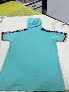 men cotton Teal Hooded T-Shirt