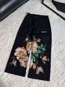 Floral Wide Leg Black Jeans