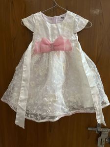 White Lace Party Dress with Pink Bow