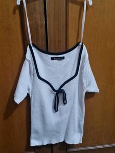Studio K White Ribbed Tie-Front Top