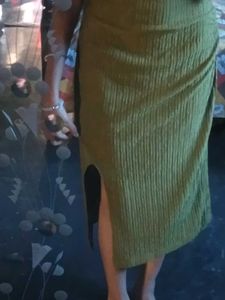Olive Ribbed Midi Dress with Slit