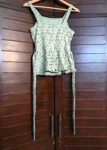 Faballey Green Lace Strappy Belted Peplum Top