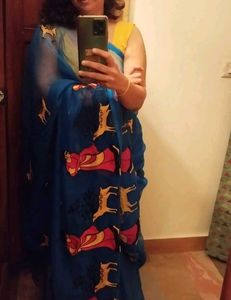 Royal Blue Net Saree With Red Yellow Embroidery