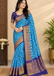 Elegant Blue Silk Saree with Gold Border