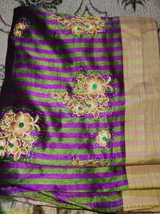 Purple Saree and Golden Work No Blouse